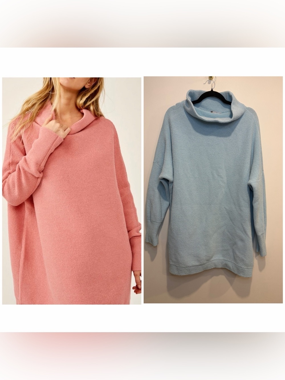Free People Sky Blue Oversized Cowl Neck Tunic Sweater L Cozy Knit